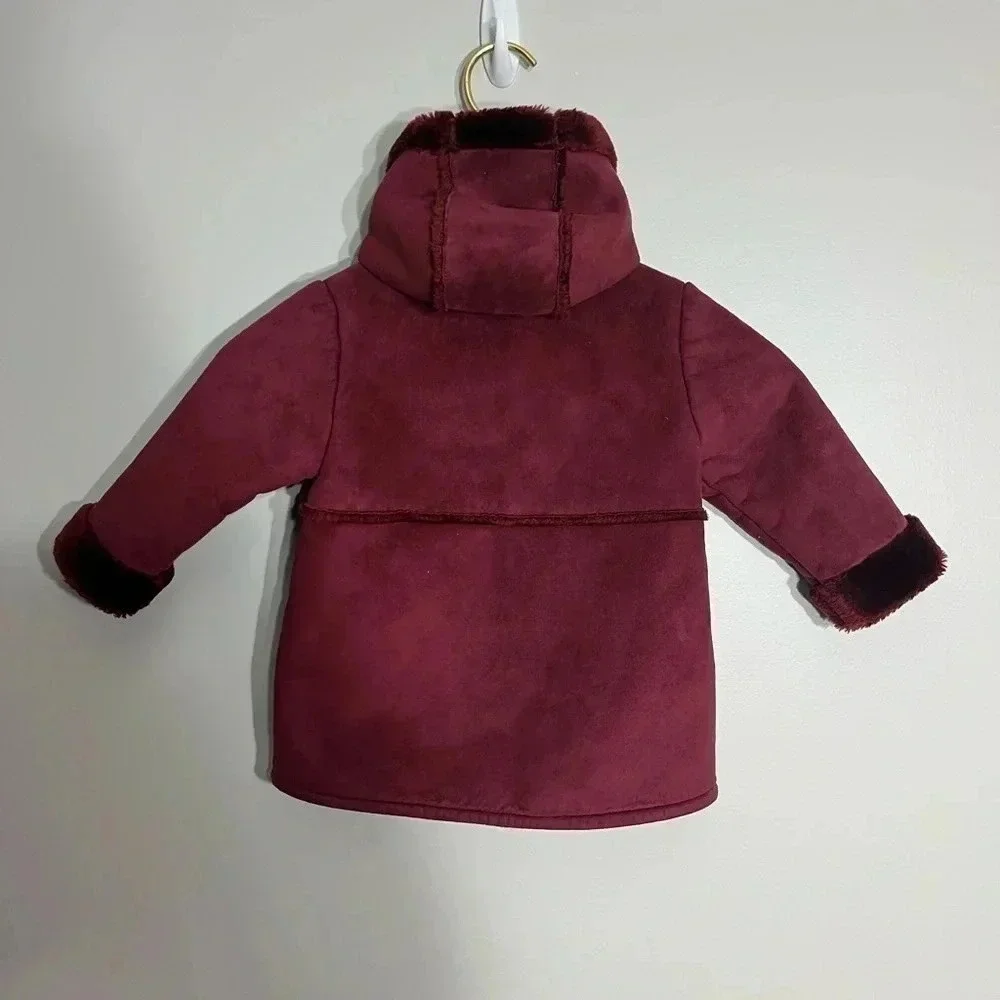 Girls Burgundy Faux Suede Hooded Coat with‎ Faux Fur Trim and Lining